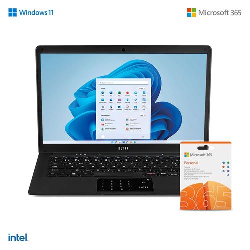 Notebook Ultra, com Windows 11 Home - Intel Celeron 4GB 120GB SSD 14,1 Pol. HD, Preto + Microsoft 365 Personal + 1TB na Nuvem - UB235