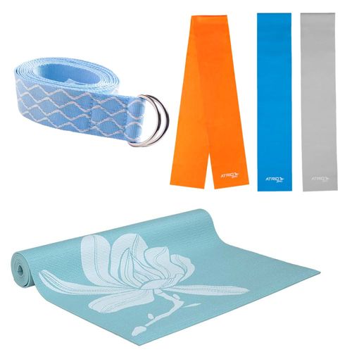 Combo Alongamento Tapete De Yoga Premium Fita Para Yoga Azul e Kit De 3 Faixas Elásticas Látex Atrio - ES242K