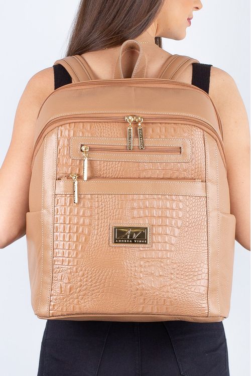 Mochila grande feminina de couro Marcela - Bege Croco