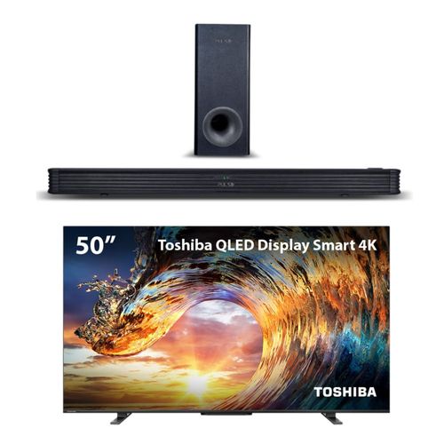 Combo Mãe Tech - Smart TV QLED 50'' 4K Toshiba VIDAA e Pulse Soundbar + Subwoofer Wireless 300W - SP604K