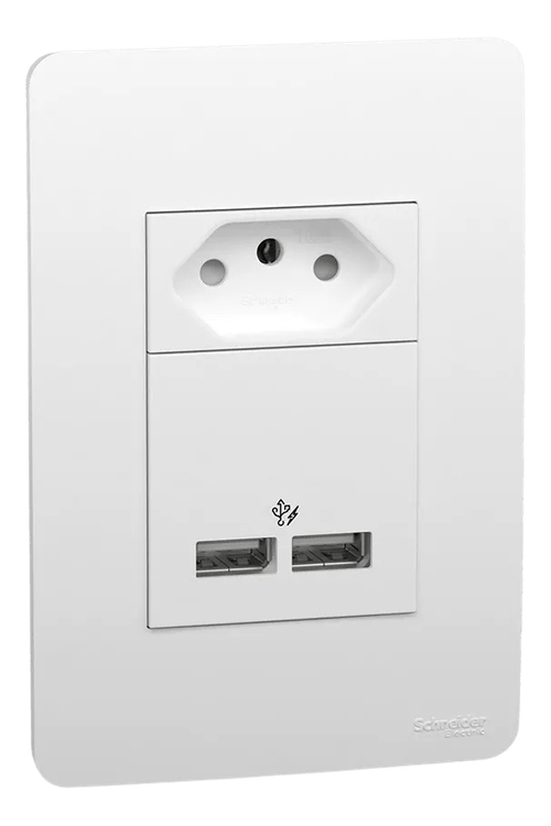 Conjunto Tomada 2P+T C/ 2 USBs 2.1A + Placa Horizontal Branco Orion Ref. S71327304 – Schneider
