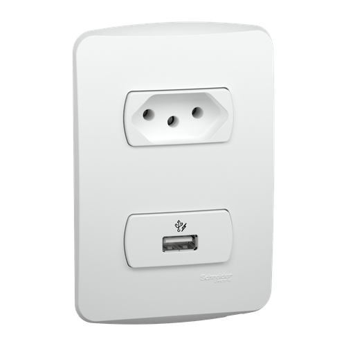 Conjunto Tomada 2P+T 10A 250Vca + USB 1A 5Vcc C/ Placa Horizontal Branca Miluz Ref. S3B60510 – Schneider