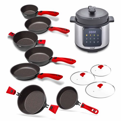 Super Combo Ichef Ultra 7 Panelas com 3 Tampas Vermelha e Panela de Pressão Elétrica MasterCooker 6L